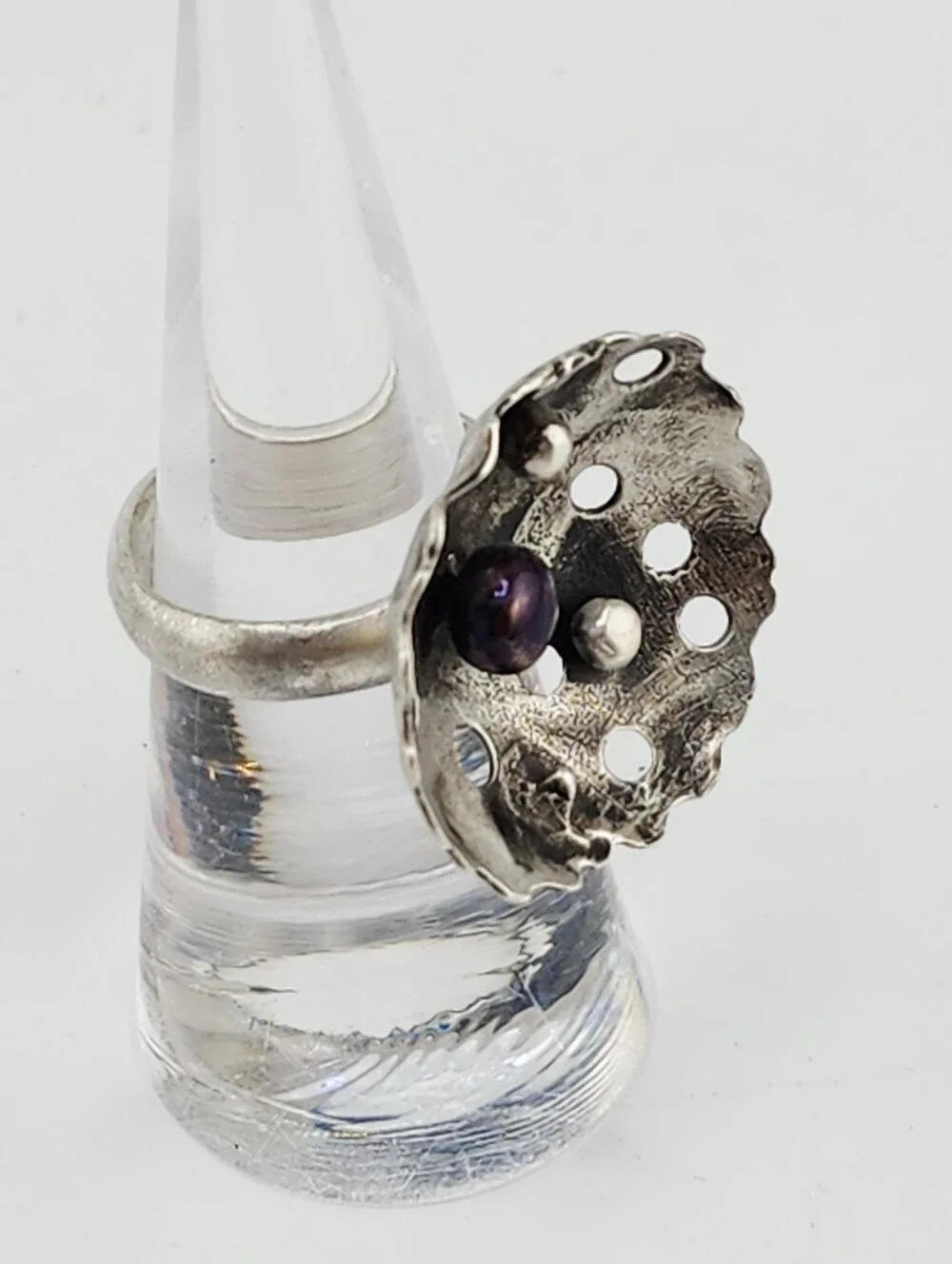 PEARL BRUTALIST RING HANDMADE STERLING SILVER SIZE 7.5